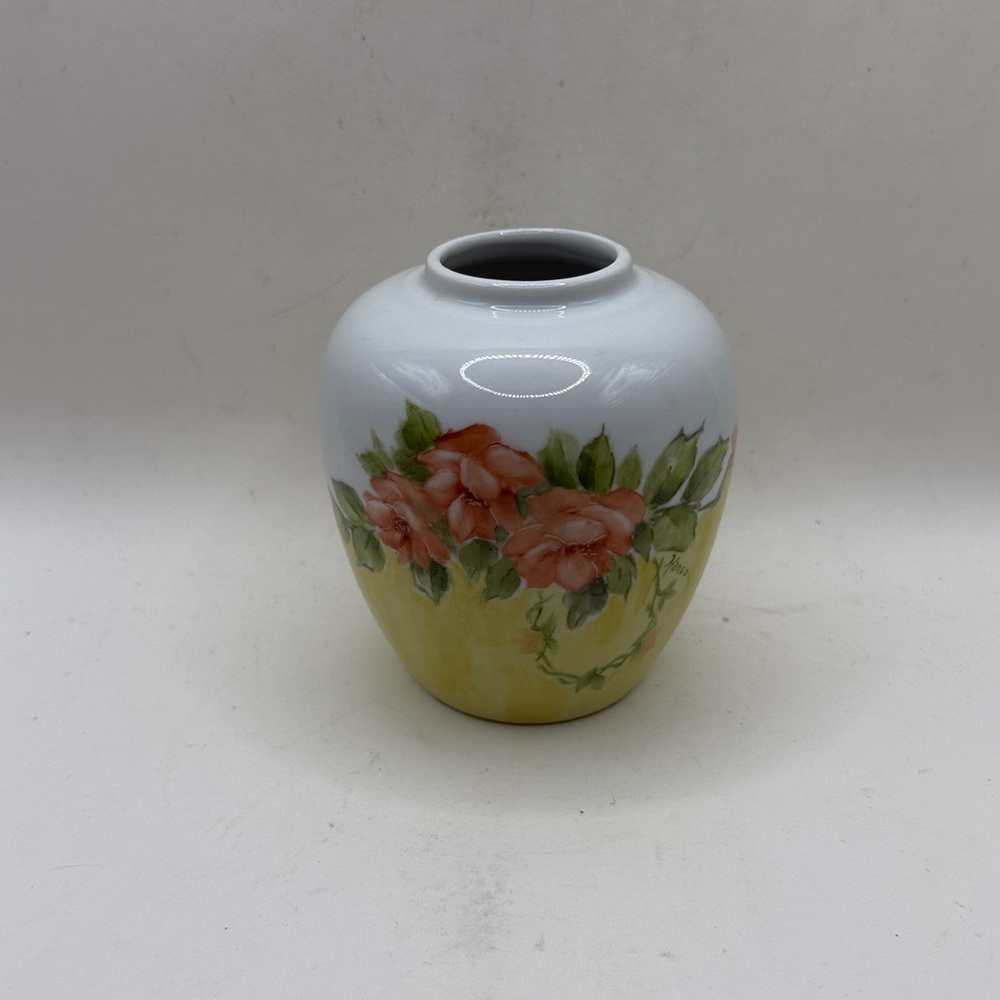 Vtg Hanso Painted Floral Porcelain Vase Flowers Yellow Bud Vase Cottage Decor - Picture 9 of 13